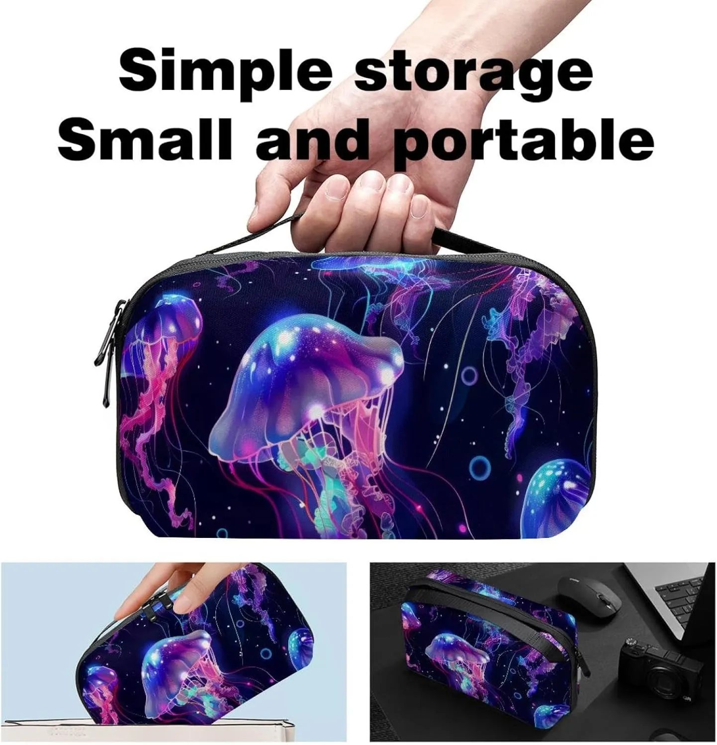 Jellyfish Swimming Undersea Pattern Electronics Organizer, Cord Cable Storage Bag Waterproof for Home Travelling, Electronic Accessories Case for Charge Mouse USB SD Card Hard Drives
