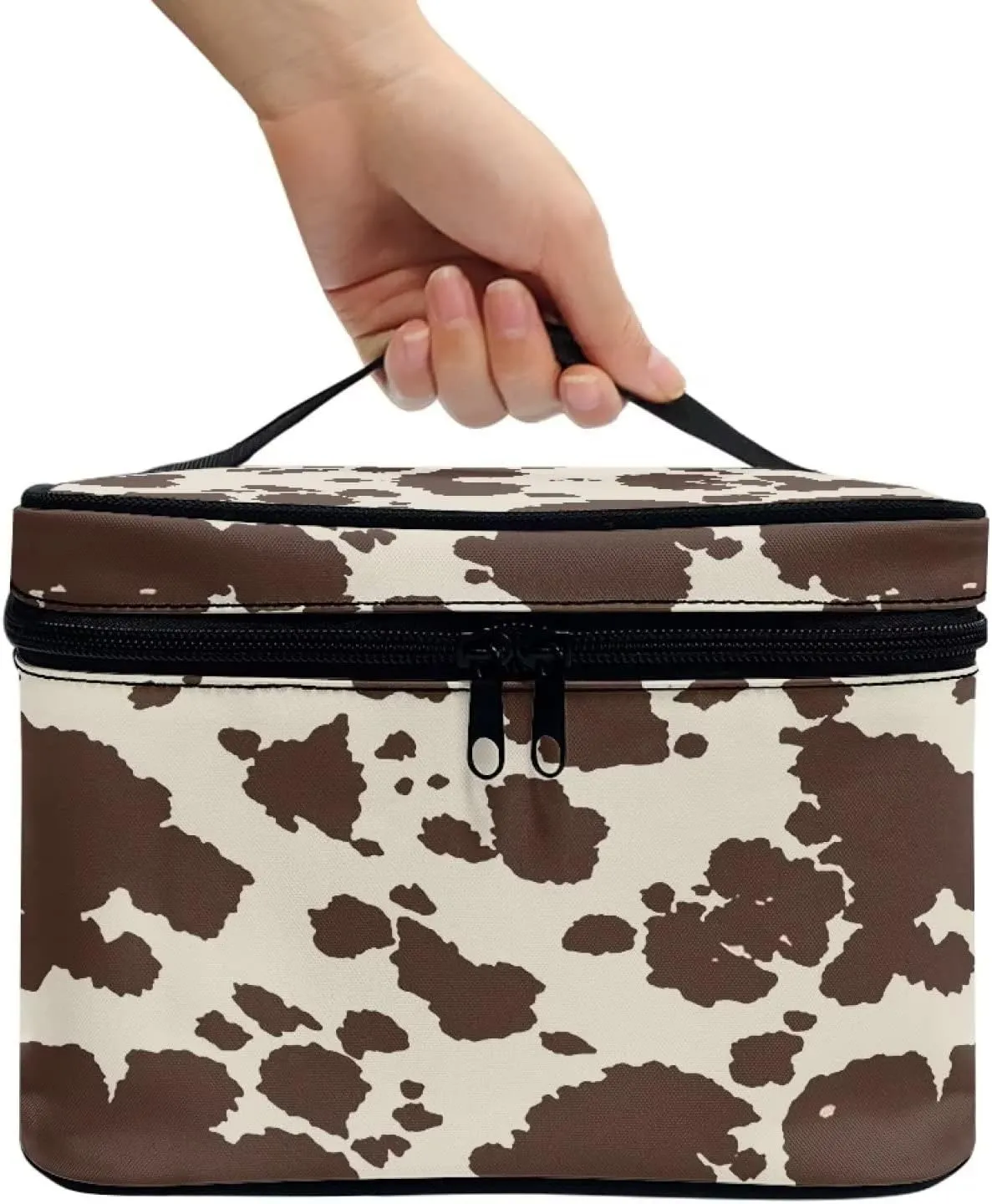 JEOCODY Brown Cow Print Cosmetic Bag Portable Makeup Pouch Artist Storage Bag with Handle for Cosmetics Makeup Brushes, Girls, Women, Friends Gifts