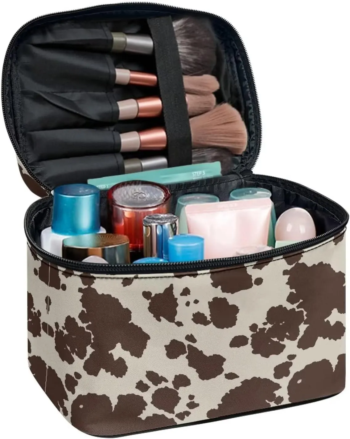 JEOCODY Brown Cow Print Cosmetic Bag Portable Makeup Pouch Artist Storage Bag with Handle for Cosmetics Makeup Brushes, Girls, Women, Friends Gifts
