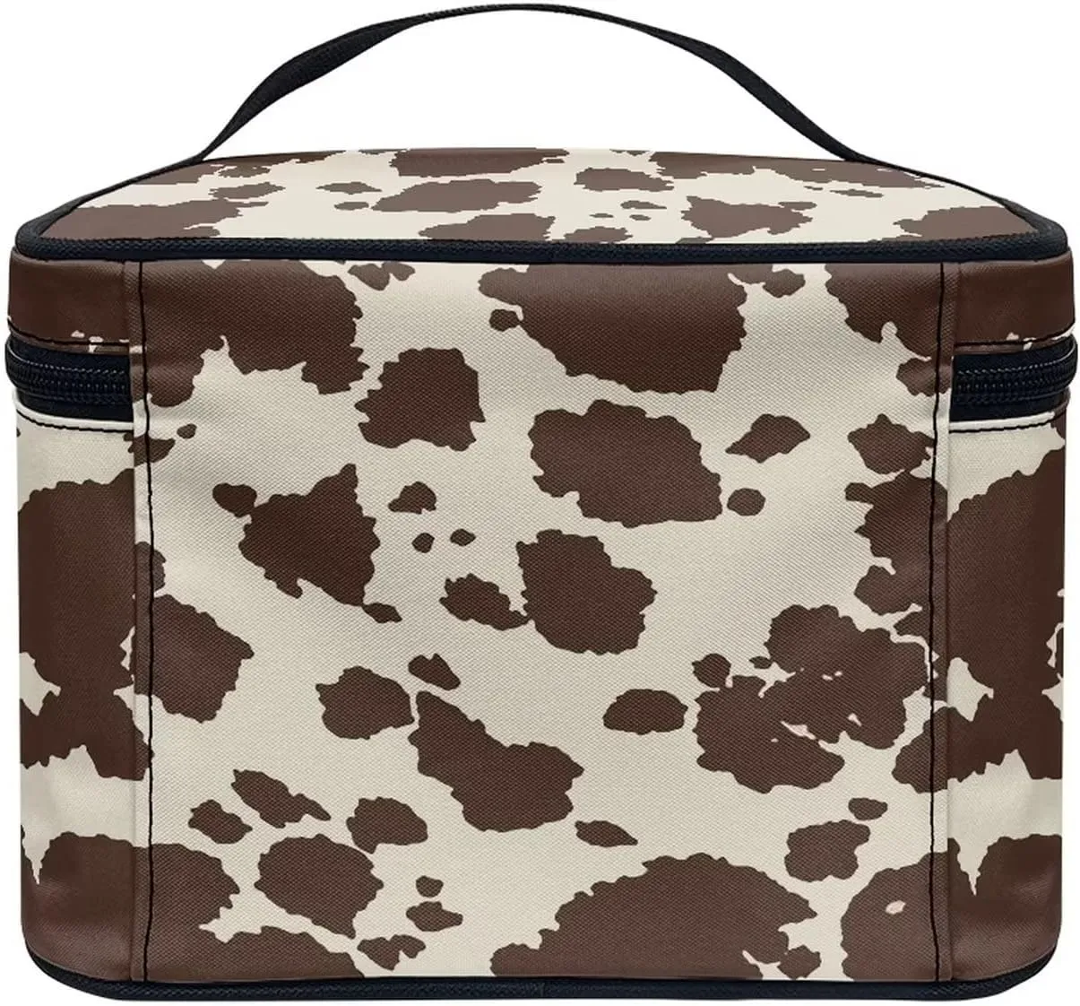 JEOCODY Brown Cow Print Cosmetic Bag Portable Makeup Pouch Artist Storage Bag with Handle for Cosmetics Makeup Brushes, Girls, Women, Friends Gifts