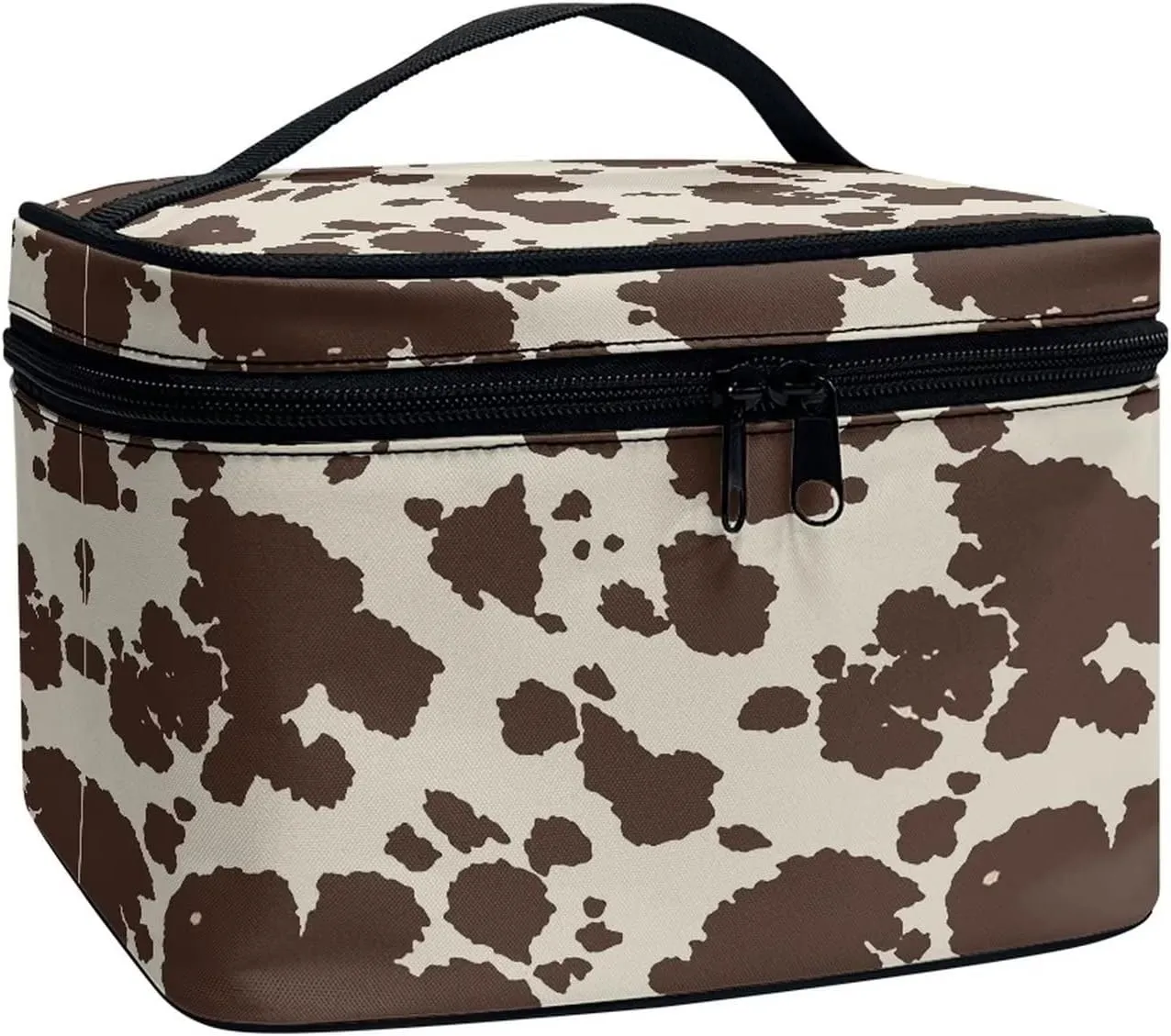 JEOCODY Brown Cow Print Cosmetic Bag Portable Makeup Pouch Artist Storage Bag with Handle for Cosmetics Makeup Brushes, Girls, Women, Friends Gifts