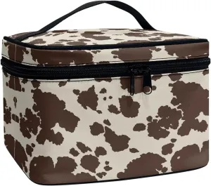 JEOCODY Brown Cow Print Cosmetic Bag Portable Makeup Pouch Artist Storage Bag with Handle for Cosmetics Makeup Brushes, Girls, Women, Friends Gifts