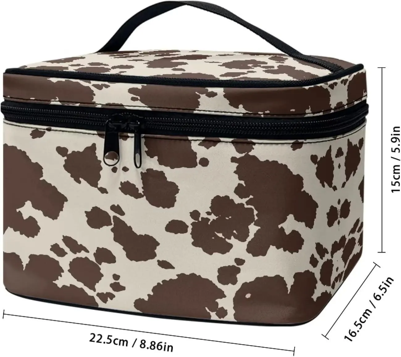 JEOCODY Brown Cow Print Cosmetic Bag Portable Makeup Pouch Artist Storage Bag with Handle for Cosmetics Makeup Brushes, Girls, Women, Friends Gifts