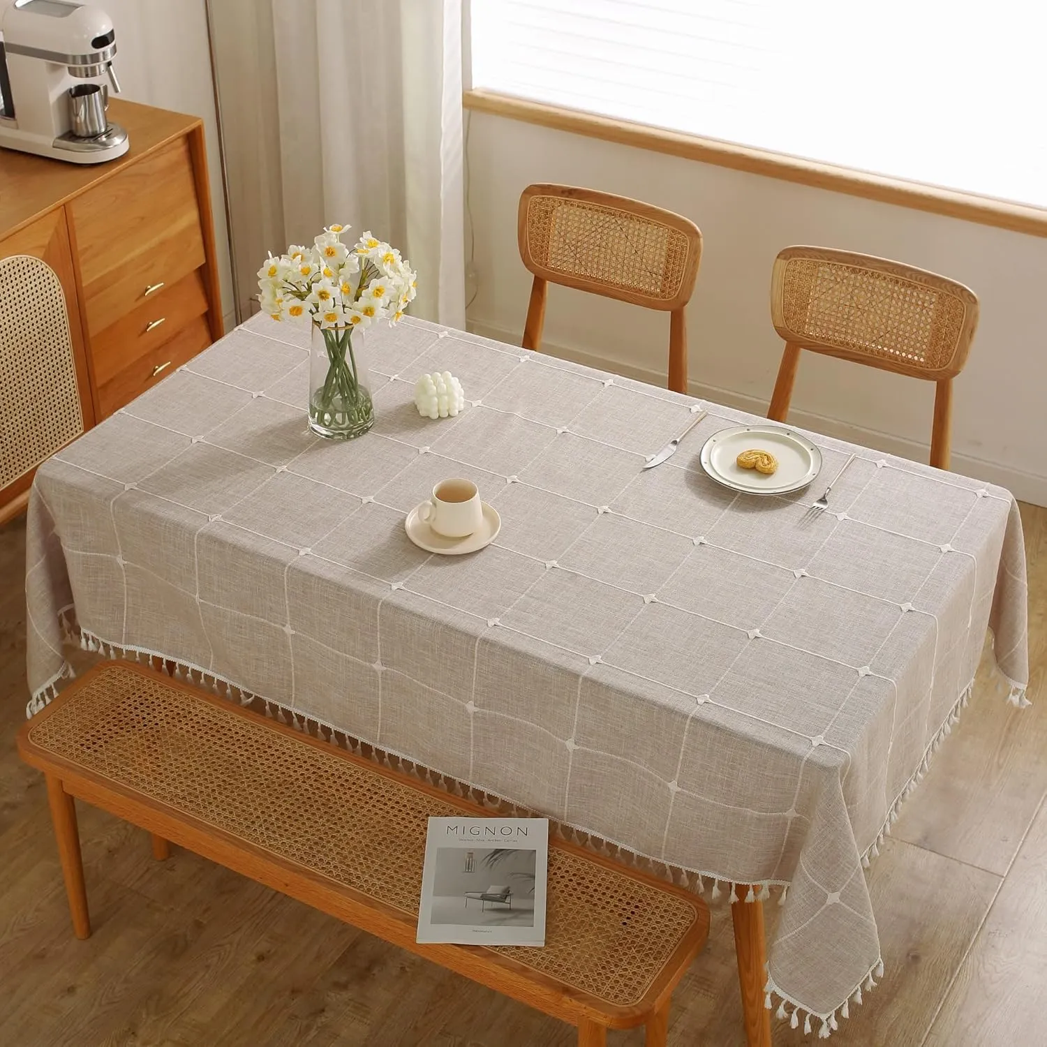 JIALE Tablecloths for Rectangle Tables,Cotton Linen Table Cloth Waterproof Tablecloth Wrinkle Free Farmhouse Dining Table Cover,Soft Fabric Table Cloths with Tassels,Plaid,55" X 70",4-6 Seats