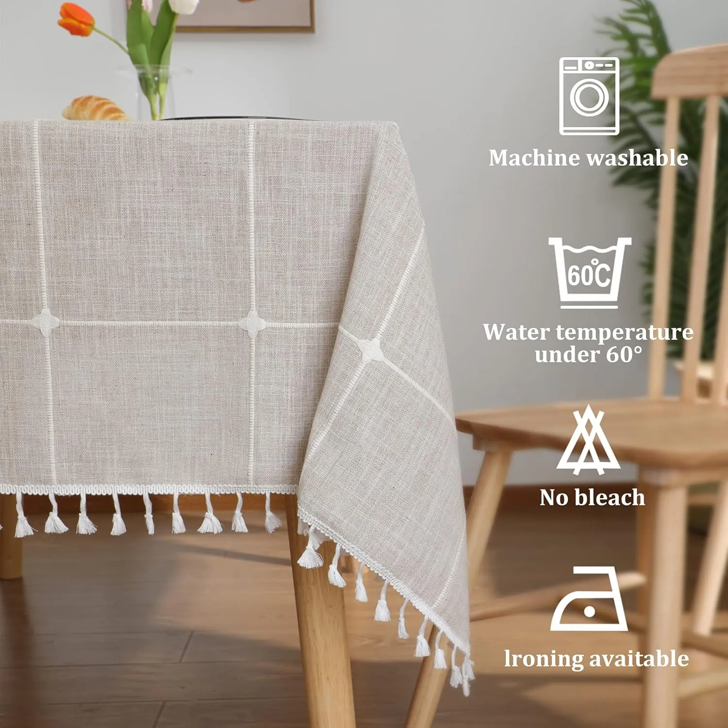 JIALE Tablecloths for Rectangle Tables,Cotton Linen Table Cloth Waterproof Tablecloth Wrinkle Free Farmhouse Dining Table Cover,Soft Fabric Table Cloths with Tassels,Plaid,55" X 70",4-6 Seats