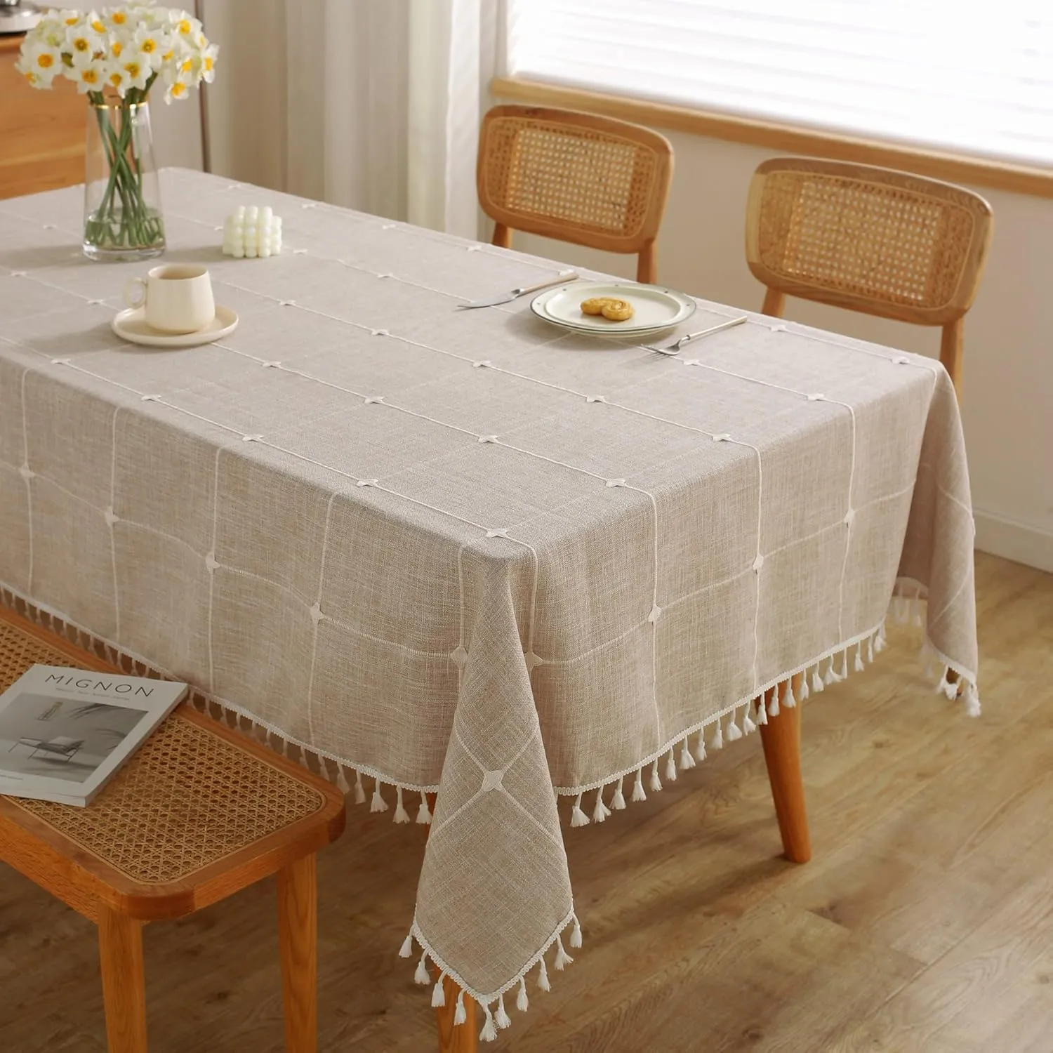 JIALE Tablecloths for Rectangle Tables,Cotton Linen Table Cloth Waterproof Tablecloth Wrinkle Free Farmhouse Dining Table Cover,Soft Fabric Table Cloths with Tassels,Plaid,55" X 70",4-6 Seats
