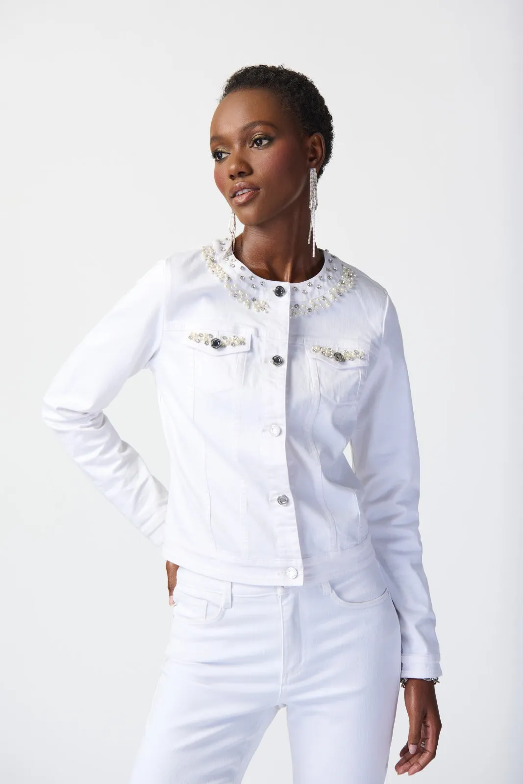 Joseph Ribkoff Vanilla Denim Jacket with Embellished Pockets Style 241912