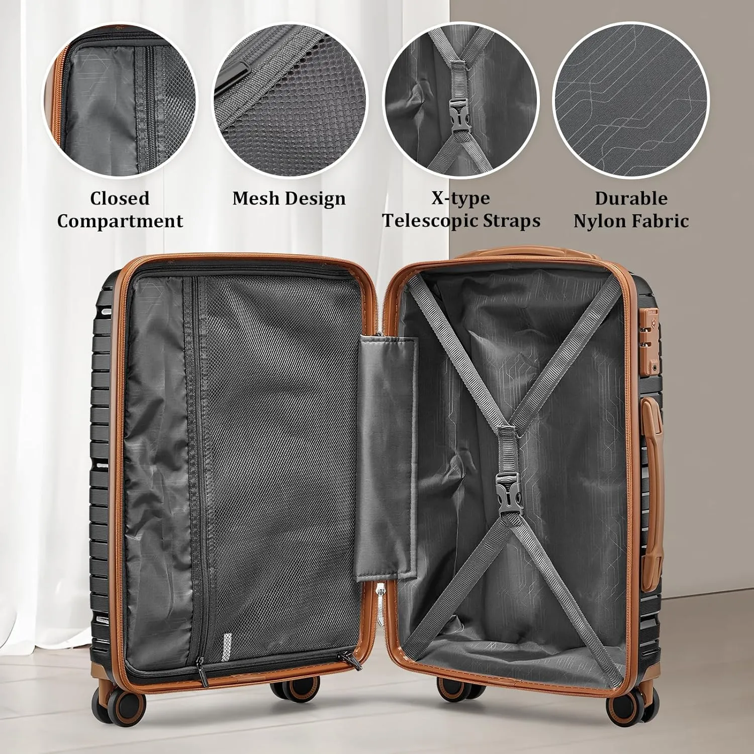 Joyway Luggage Sets 2 Piece PP Hardshell Carry on Suitcase and Checked Luggage, Travel Lightweight Suitcase Set with Double Spinner Wheels and TSA Lock (Black Brown, 20 28 inch)