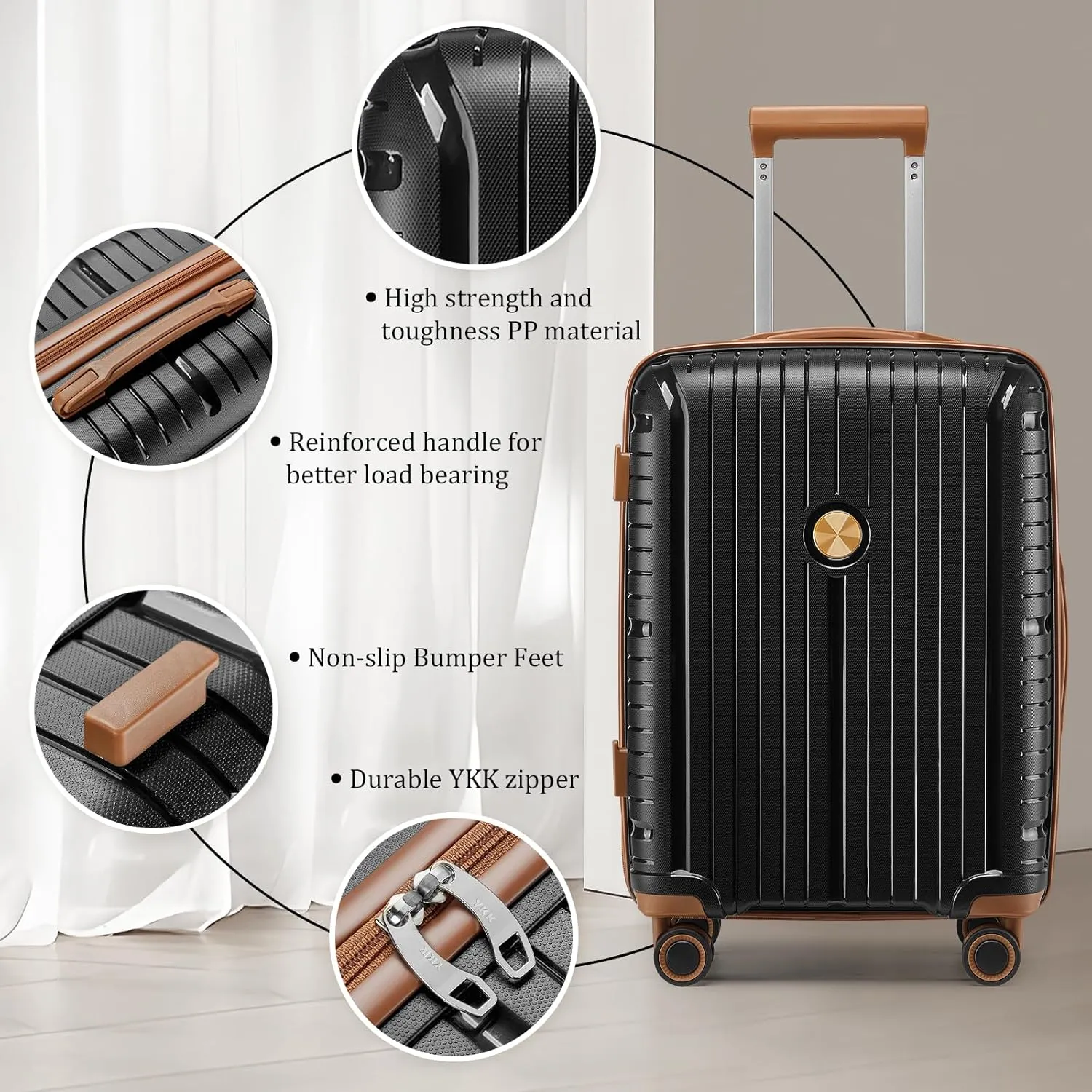 Joyway Luggage Sets 2 Piece PP Hardshell Carry on Suitcase and Checked Luggage, Travel Lightweight Suitcase Set with Double Spinner Wheels and TSA Lock (Black Brown, 20 28 inch)