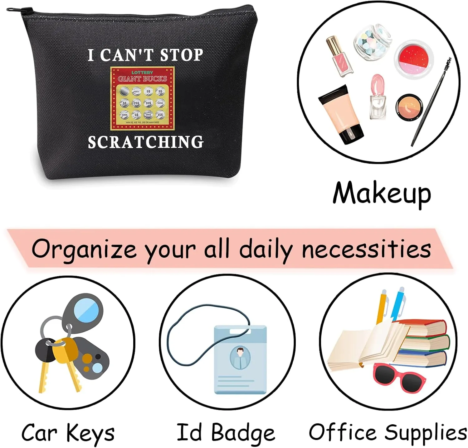 JXGZSO Funny Lottery Scratching Gift I Can't Stop Scratching Makeup Bag Casino Scratch Off Bag Scratch Ticket Gift For Casino Lover Lottery player (Lotto ticket black)