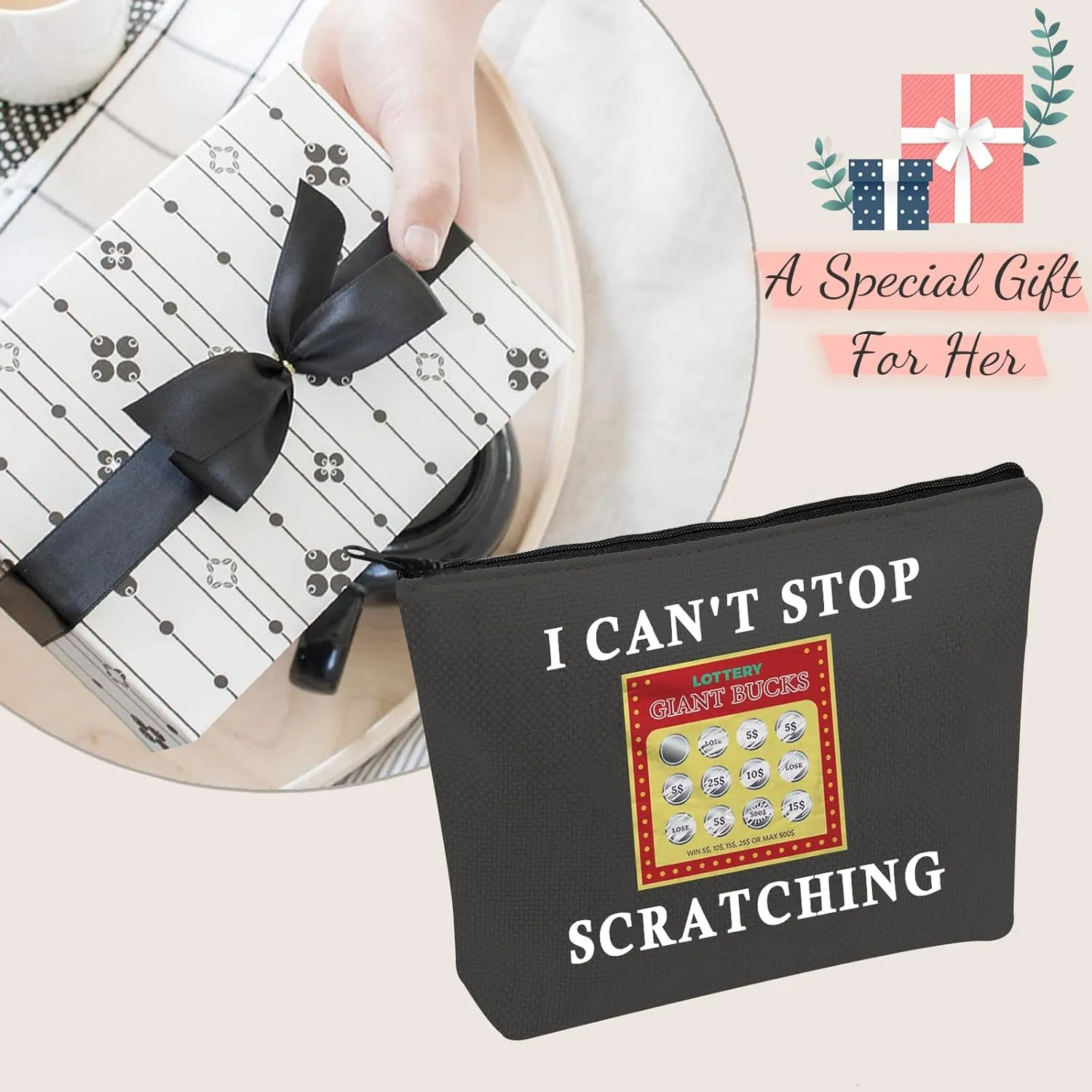 JXGZSO Funny Lottery Scratching Gift I Can't Stop Scratching Makeup Bag Casino Scratch Off Bag Scratch Ticket Gift For Casino Lover Lottery player (Lotto ticket black)