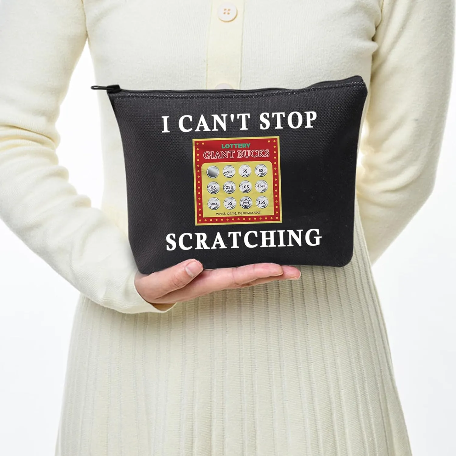 JXGZSO Funny Lottery Scratching Gift I Can't Stop Scratching Makeup Bag Casino Scratch Off Bag Scratch Ticket Gift For Casino Lover Lottery player (Lotto ticket black)