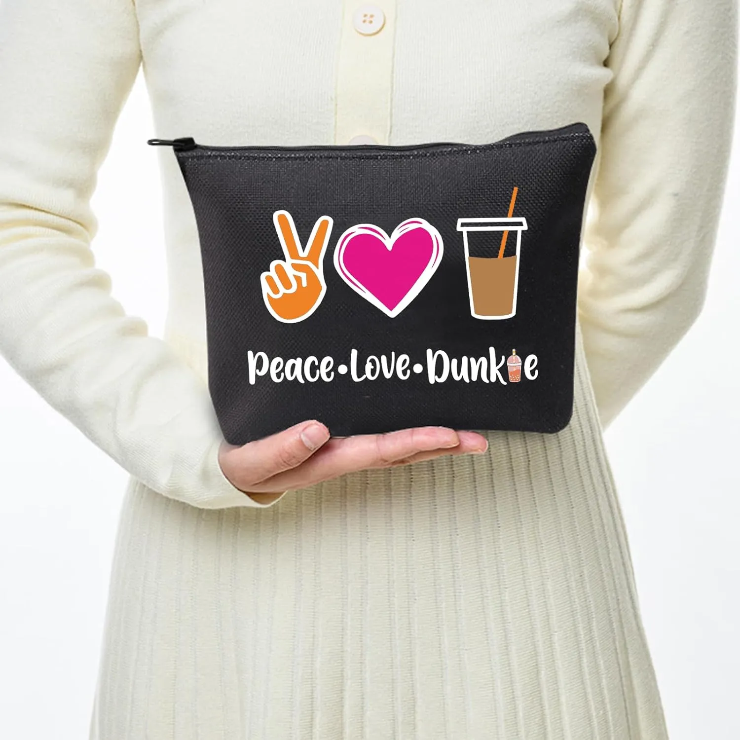 JXGZSO Peace Love Donut Junkie Makeup Bag With Zipper Coffee Donuts Lover Gift Coffee Junkie Cosmetic Bag