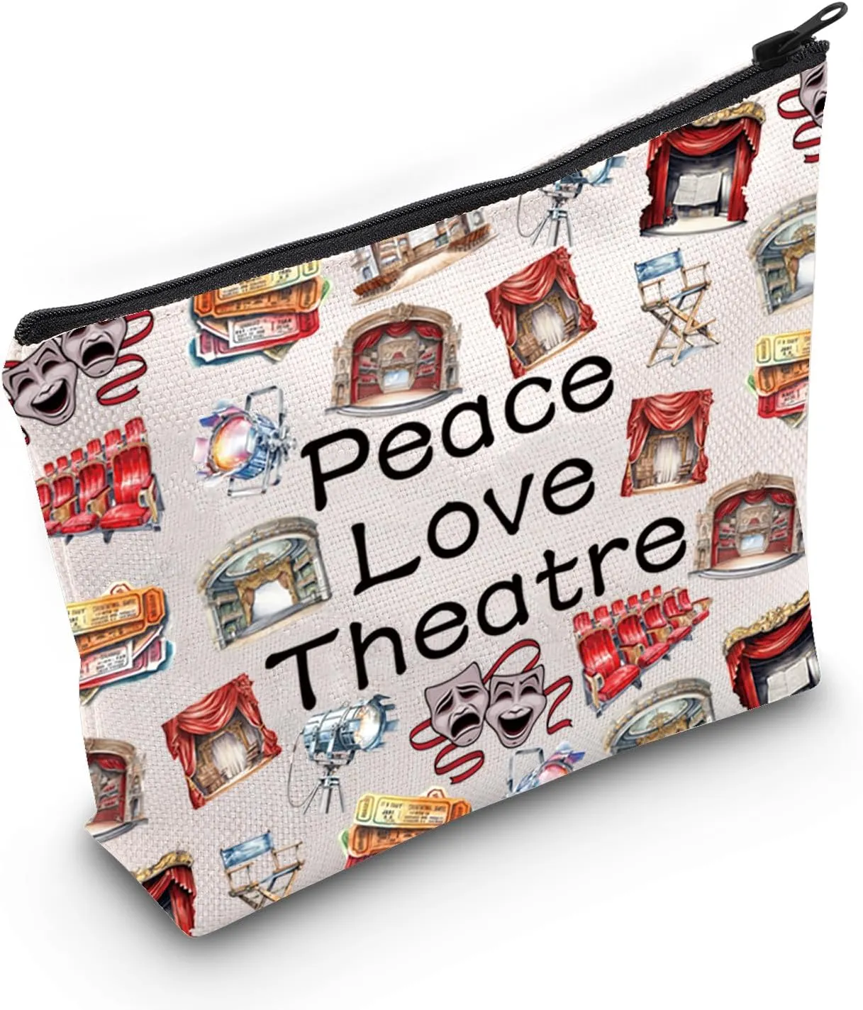 JXGZSO Peace Love Theatre Makeup Bag Comedy Tragedy Mask Cosmetic Bag Theatre Lover Gift Drama Theatre Gift (Peace Love Theatre Bag)