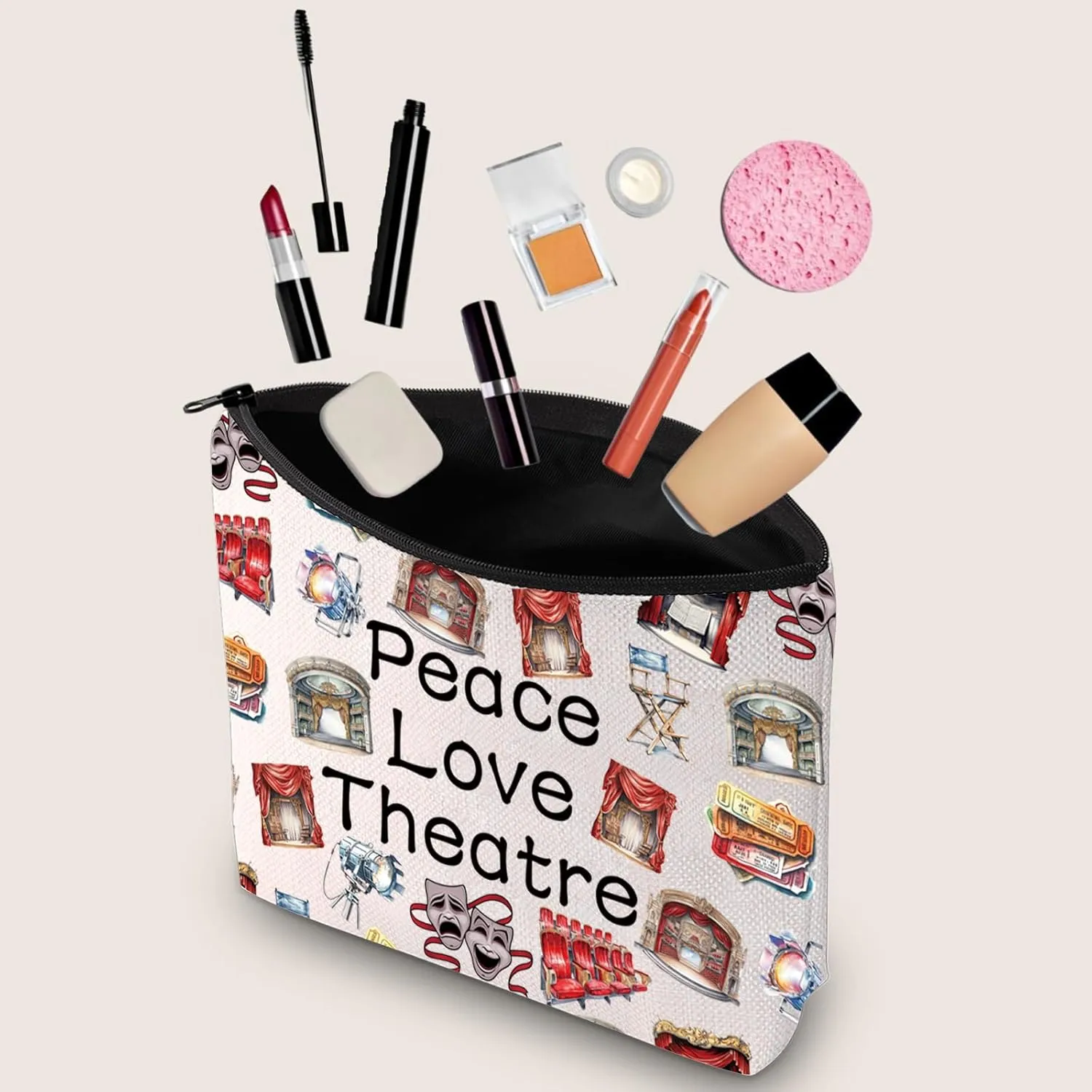 JXGZSO Peace Love Theatre Makeup Bag Comedy Tragedy Mask Cosmetic Bag Theatre Lover Gift Drama Theatre Gift (Peace Love Theatre Bag)