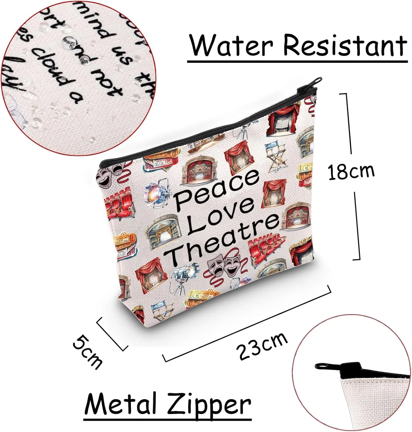 JXGZSO Peace Love Theatre Makeup Bag Comedy Tragedy Mask Cosmetic Bag Theatre Lover Gift Drama Theatre Gift (Peace Love Theatre Bag)