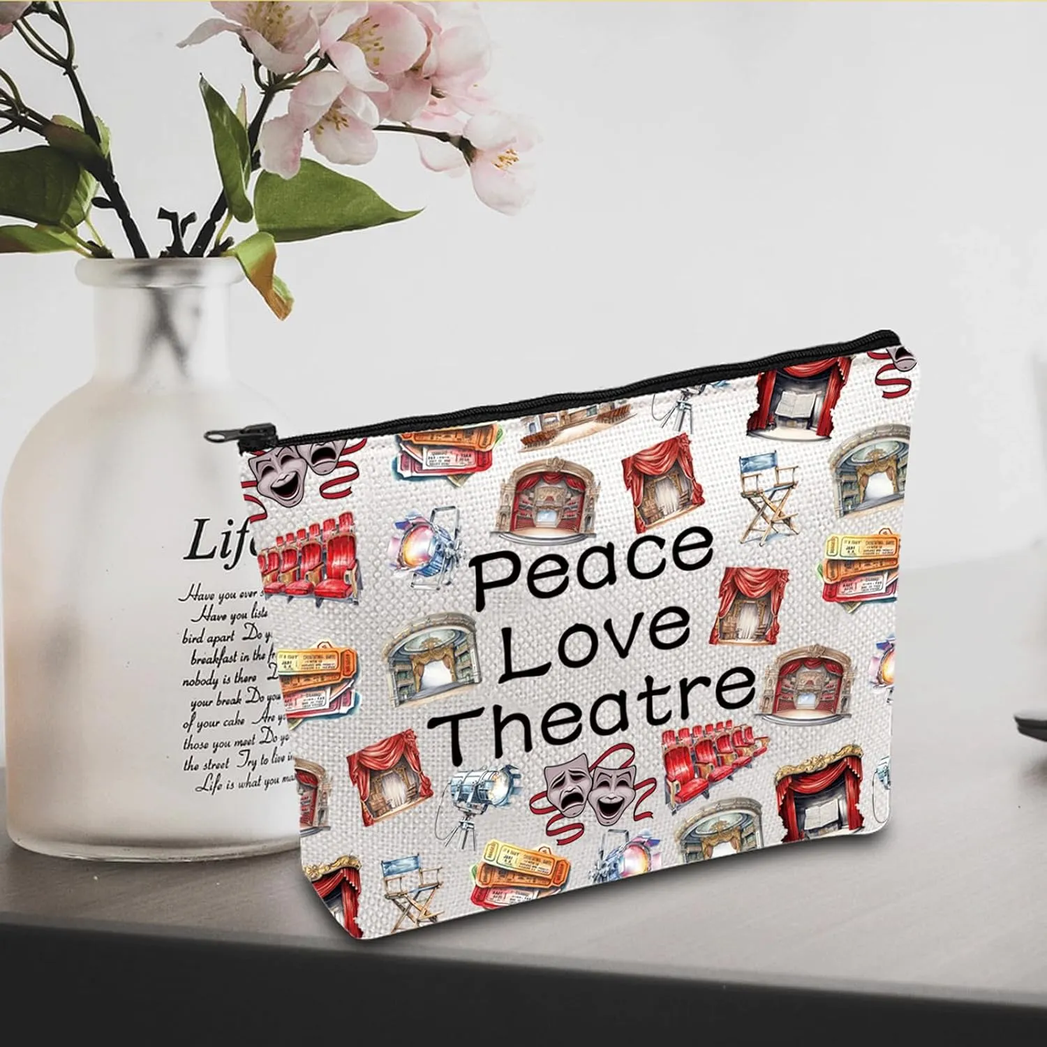 JXGZSO Peace Love Theatre Makeup Bag Comedy Tragedy Mask Cosmetic Bag Theatre Lover Gift Drama Theatre Gift (Peace Love Theatre Bag)