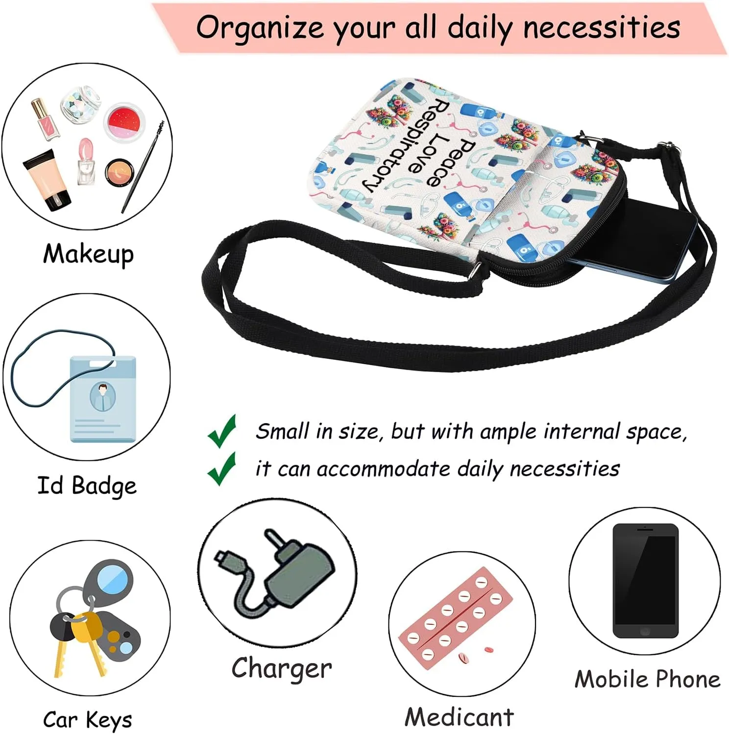 JXGZSO Respiratory Therapist Gift Bag Peace Love Respiratory Makeup Zipper Bag Colorful Lungs Pouch (Peace Love Respiratory Crossbody, 9.1 x 1.97 x 6.7 inches)