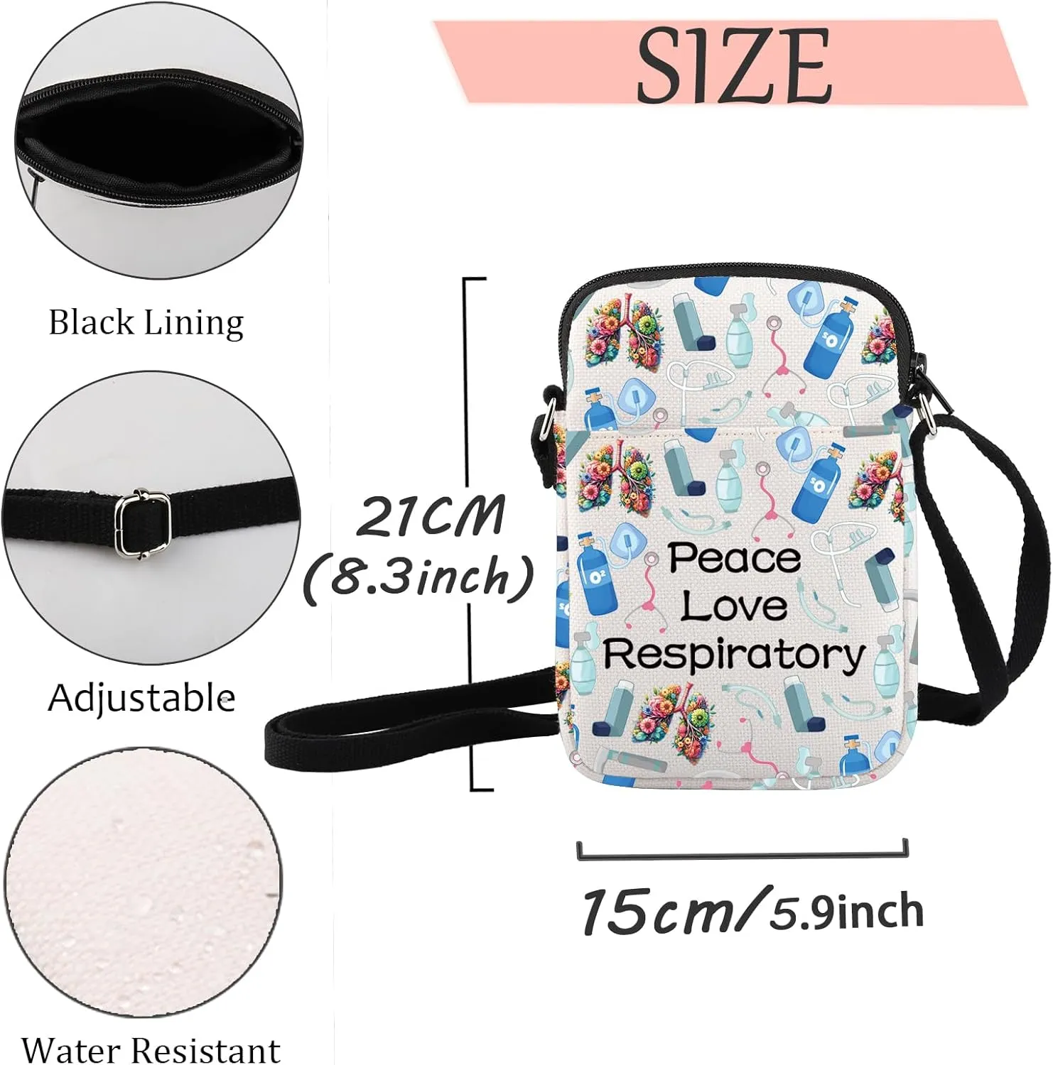 JXGZSO Respiratory Therapist Gift Bag Peace Love Respiratory Makeup Zipper Bag Colorful Lungs Pouch (Peace Love Respiratory Crossbody, 9.1 x 1.97 x 6.7 inches)