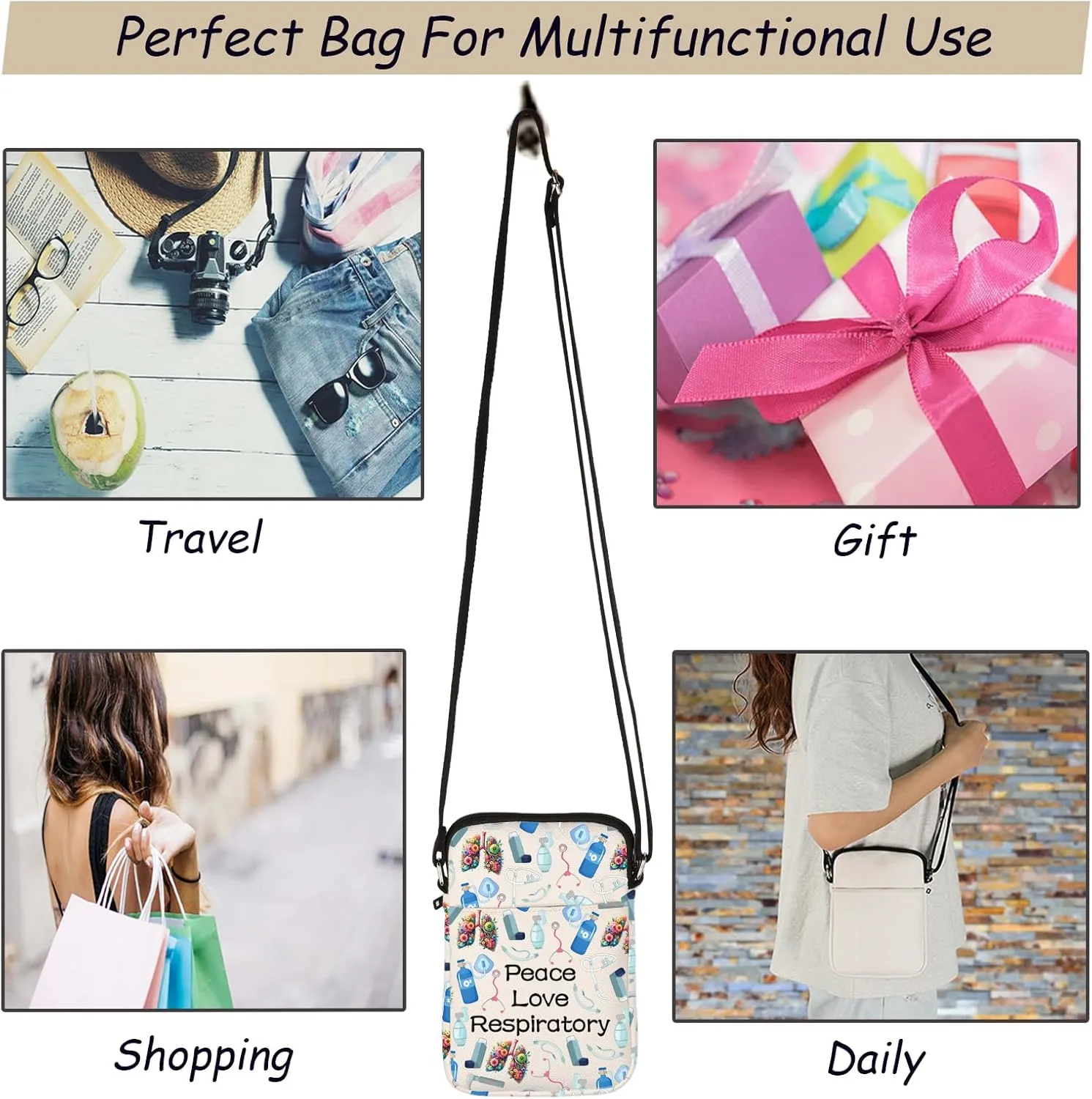 JXGZSO Respiratory Therapist Gift Bag Peace Love Respiratory Makeup Zipper Bag Colorful Lungs Pouch (Peace Love Respiratory Crossbody, 9.1 x 1.97 x 6.7 inches)