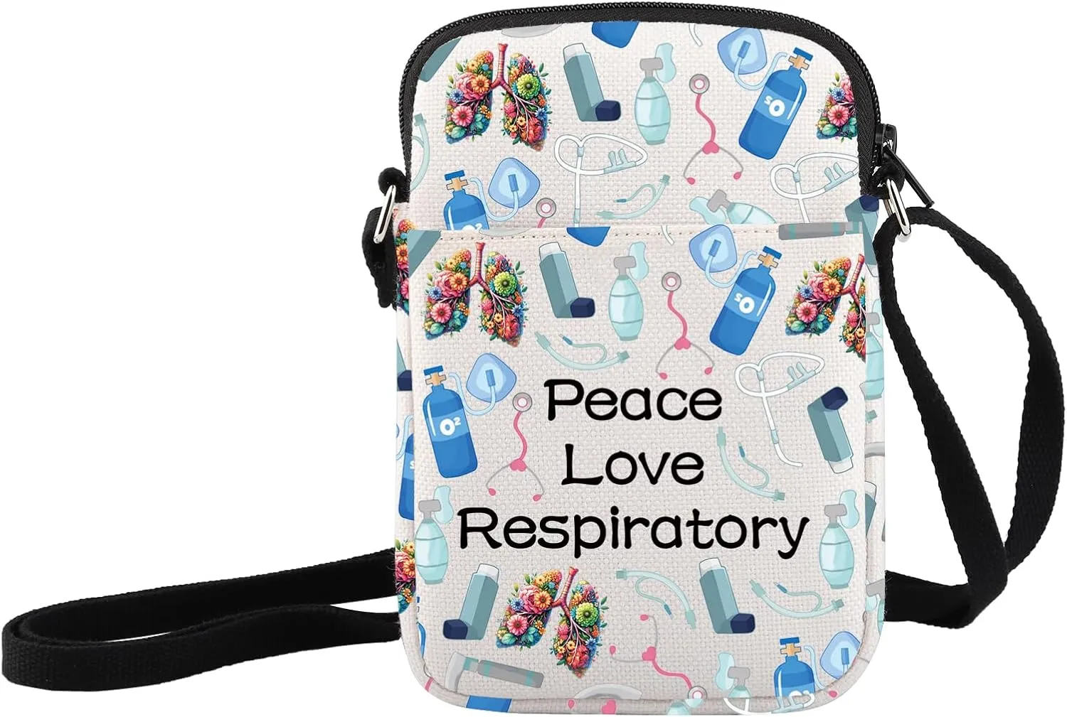 JXGZSO Respiratory Therapist Gift Bag Peace Love Respiratory Makeup Zipper Bag Colorful Lungs Pouch (Peace Love Respiratory Crossbody, 9.1 x 1.97 x 6.7 inches)
