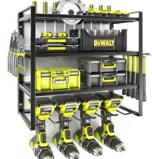 KAFAHOM Power Tool Organizer,4 Layer Drill Holders Wall Mount,Heavy Duty Metal Organizers and Storage Rack for Garage Organization,Tools Shelves with Screwdriver Plier/Hammer Holder, Black