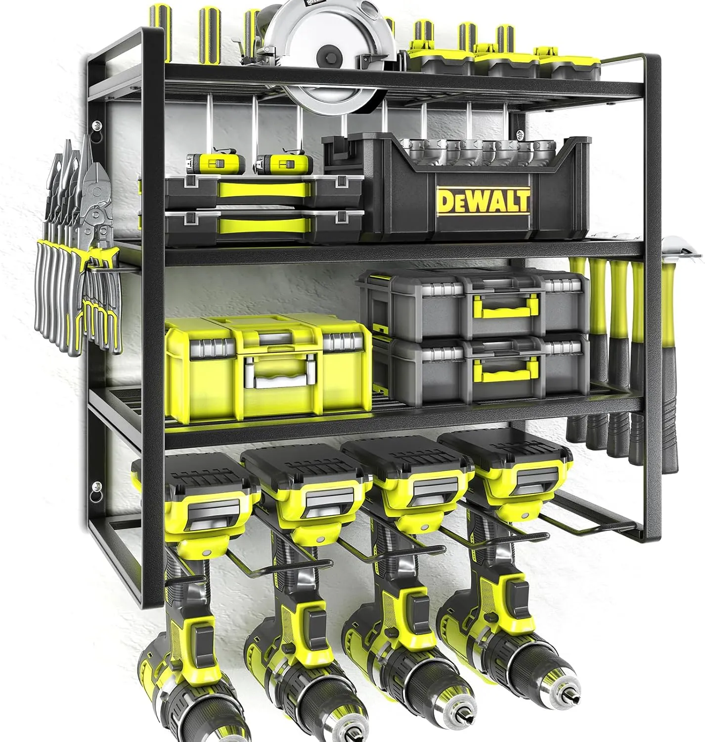 KAFAHOM Power Tool Organizer,4 Layer Drill Holders Wall Mount,Heavy Duty Metal Organizers and Storage Rack for Garage Organization,Tools Shelves with Screwdriver Plier/Hammer Holder, Black