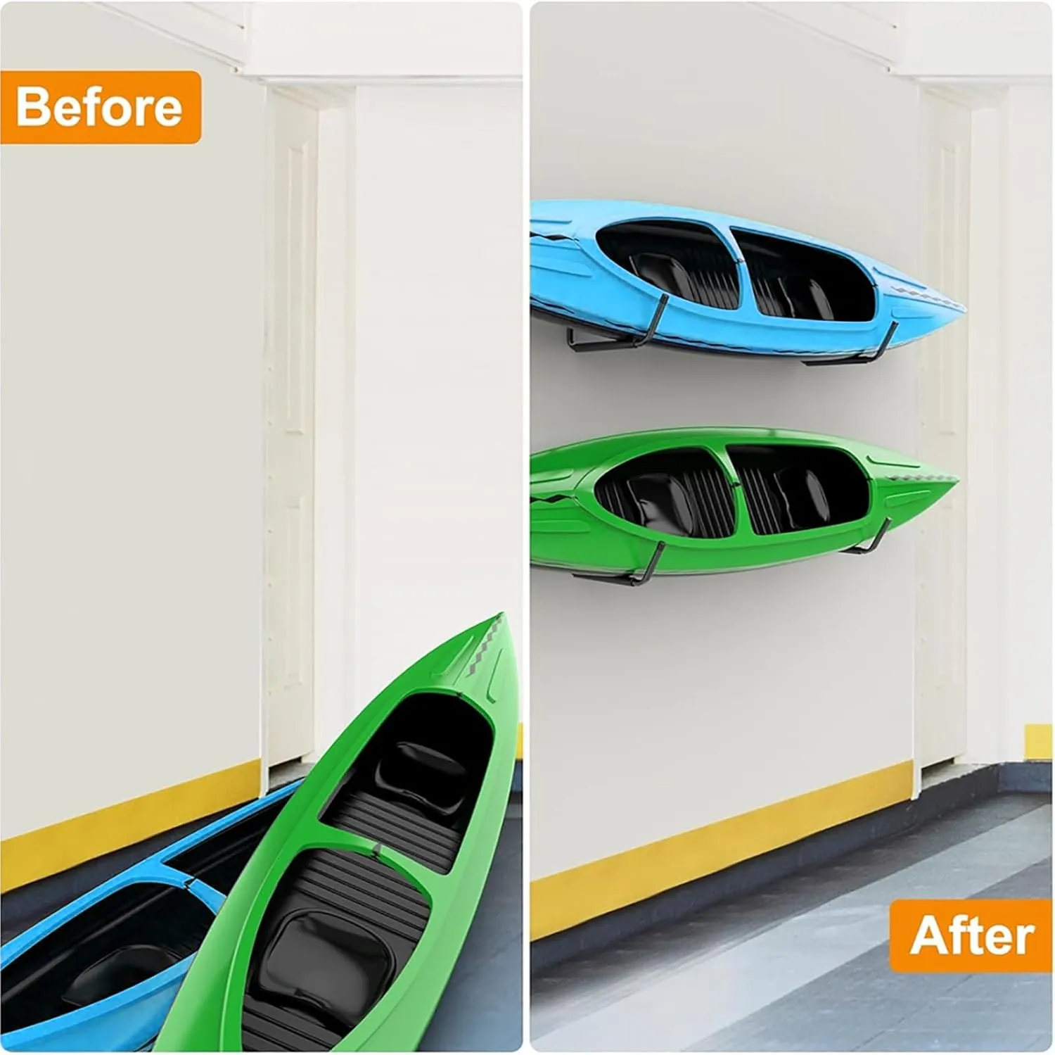 Kayak Storage Rack Wall Mount (15"), Kayak Hooks, Heavy Duty Garage Storage Hooks (6packs) for 3 Kayaks Suitable for Hanging Ladders, Bikes, Kayak Storage Racks