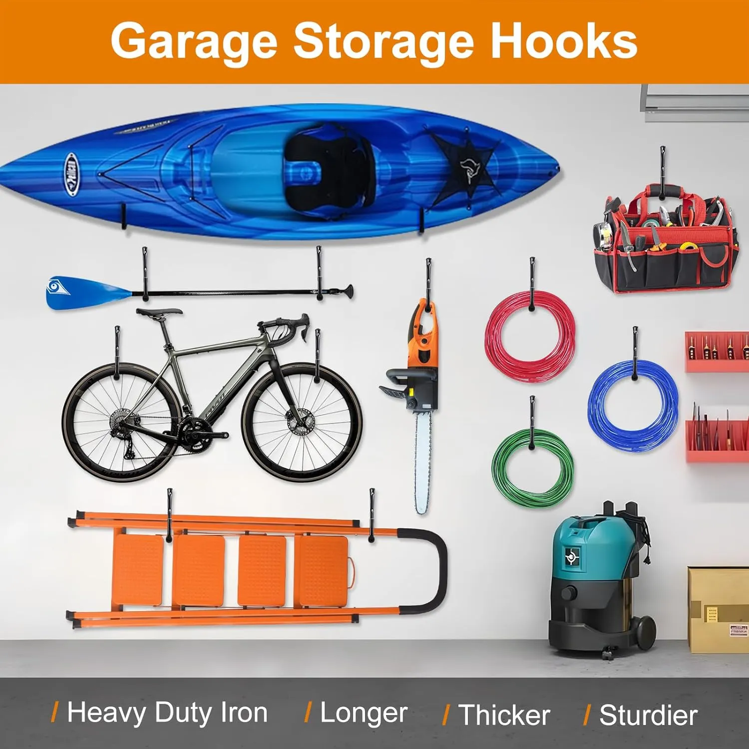 Kayak Storage Rack Wall Mount (15"), Kayak Hooks, Heavy Duty Garage Storage Hooks (6packs) for 3 Kayaks Suitable for Hanging Ladders, Bikes, Kayak Storage Racks