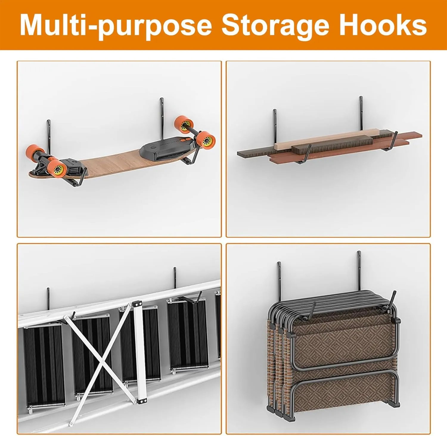 Kayak Storage Rack Wall Mount (15"), Kayak Hooks, Heavy Duty Garage Storage Hooks (6packs) for 3 Kayaks Suitable for Hanging Ladders, Bikes, Kayak Storage Racks