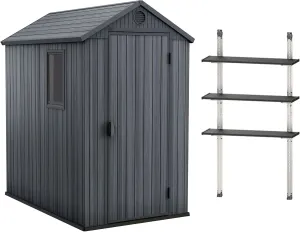 Keter Darwin 4 x 6 Foot Outdoor Garden Tool Storage Shed Backyard Utility Organizer Bundled with 40 Inch Steel Shelving Kit, Graphite Gray