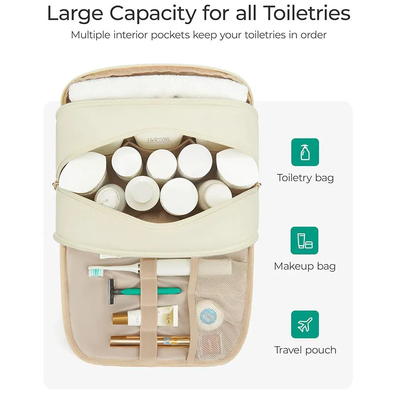 Khaki Large Capacity Travel Toiletry Bag with Wide Opening - Puffy Nylon Makeup Organizer with Waterproof PVC Layer
