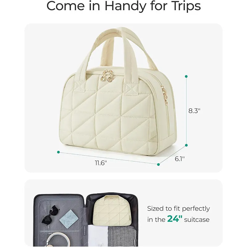 Khaki Large Capacity Travel Toiletry Bag with Wide Opening - Puffy Nylon Makeup Organizer with Waterproof PVC Layer