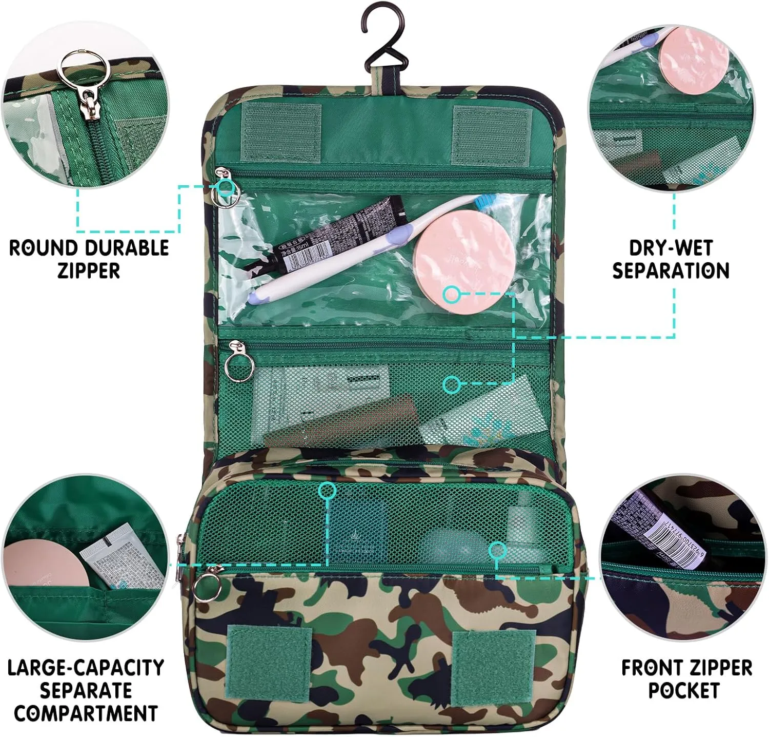 Kids Hanging Toiletry Bag for Boys, Travel Toiletry Bag for Little Young Boys Waterproof Wash Bag Toddler Traveling Toiletries, Dinosaur Camo