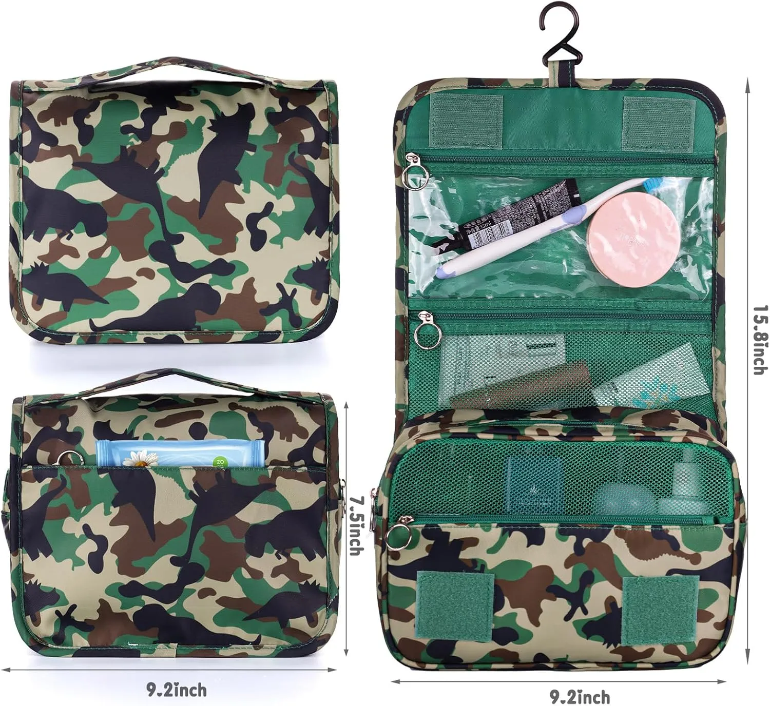 Kids Hanging Toiletry Bag for Boys, Travel Toiletry Bag for Little Young Boys Waterproof Wash Bag Toddler Traveling Toiletries, Dinosaur Camo