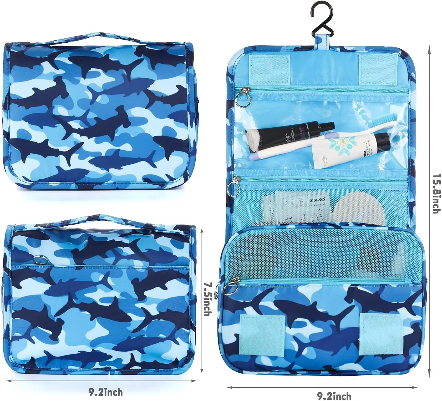Kids Hanging Toiletry Bag for Boys, Travel Toiletry Bag for Little Young Boys Waterproof Wash Bag Toddler Traveling Toiletries, Shark Blue Camo