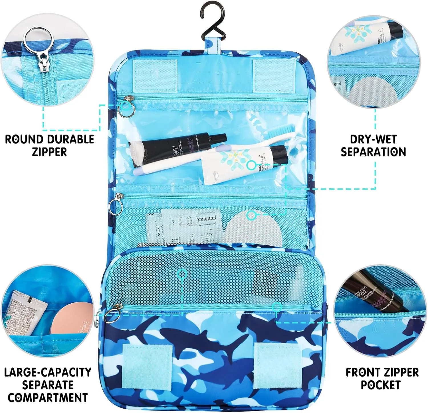 Kids Hanging Toiletry Bag for Boys, Travel Toiletry Bag for Little Young Boys Waterproof Wash Bag Toddler Traveling Toiletries, Shark Blue Camo