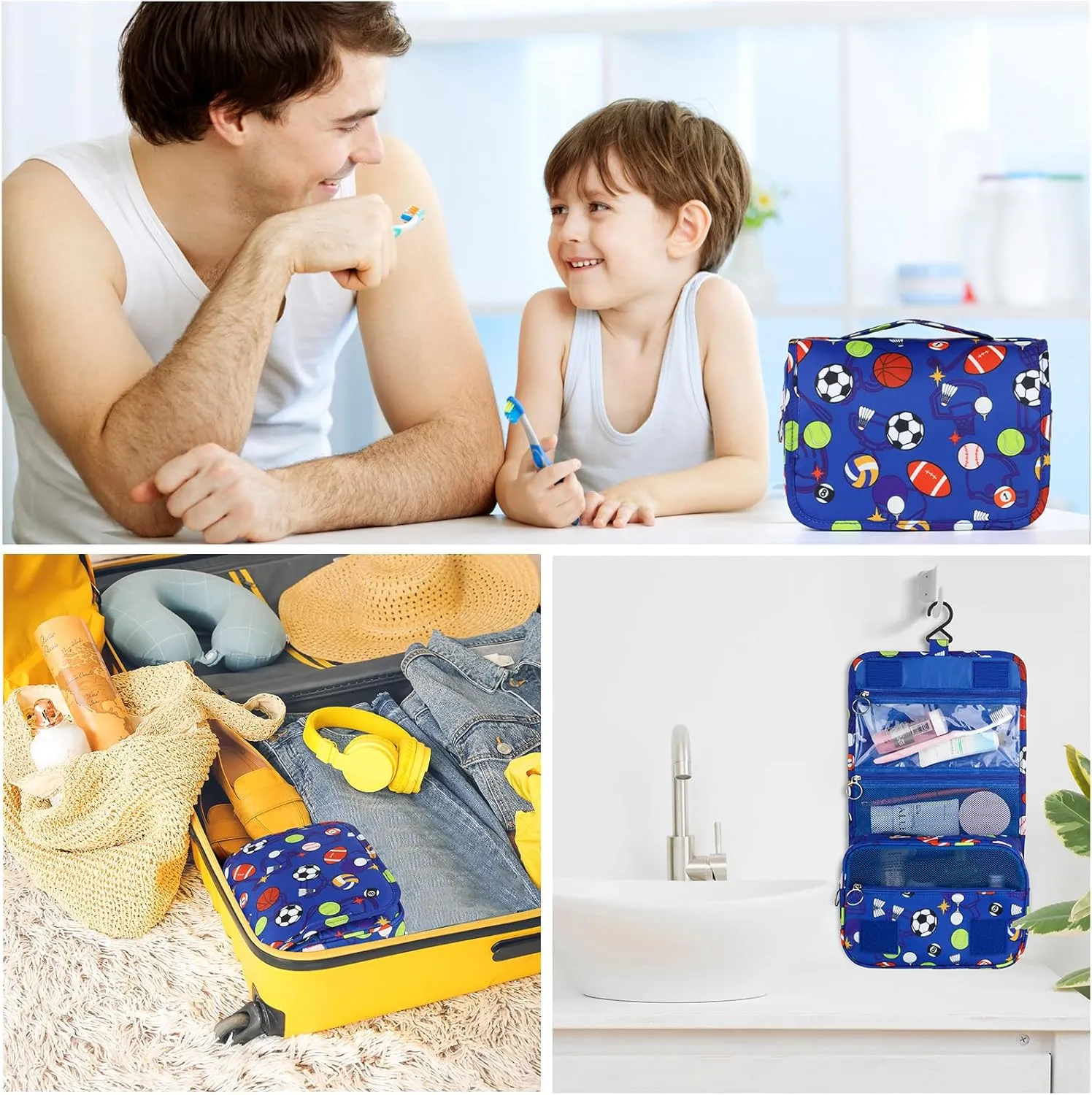 Kids Hanging Toiletry Bag for Boys, Travel Toiletry Bag for Little Young Boys Waterproof Wash Bag Toddler Traveling Toiletries, Soccer Balls Blue