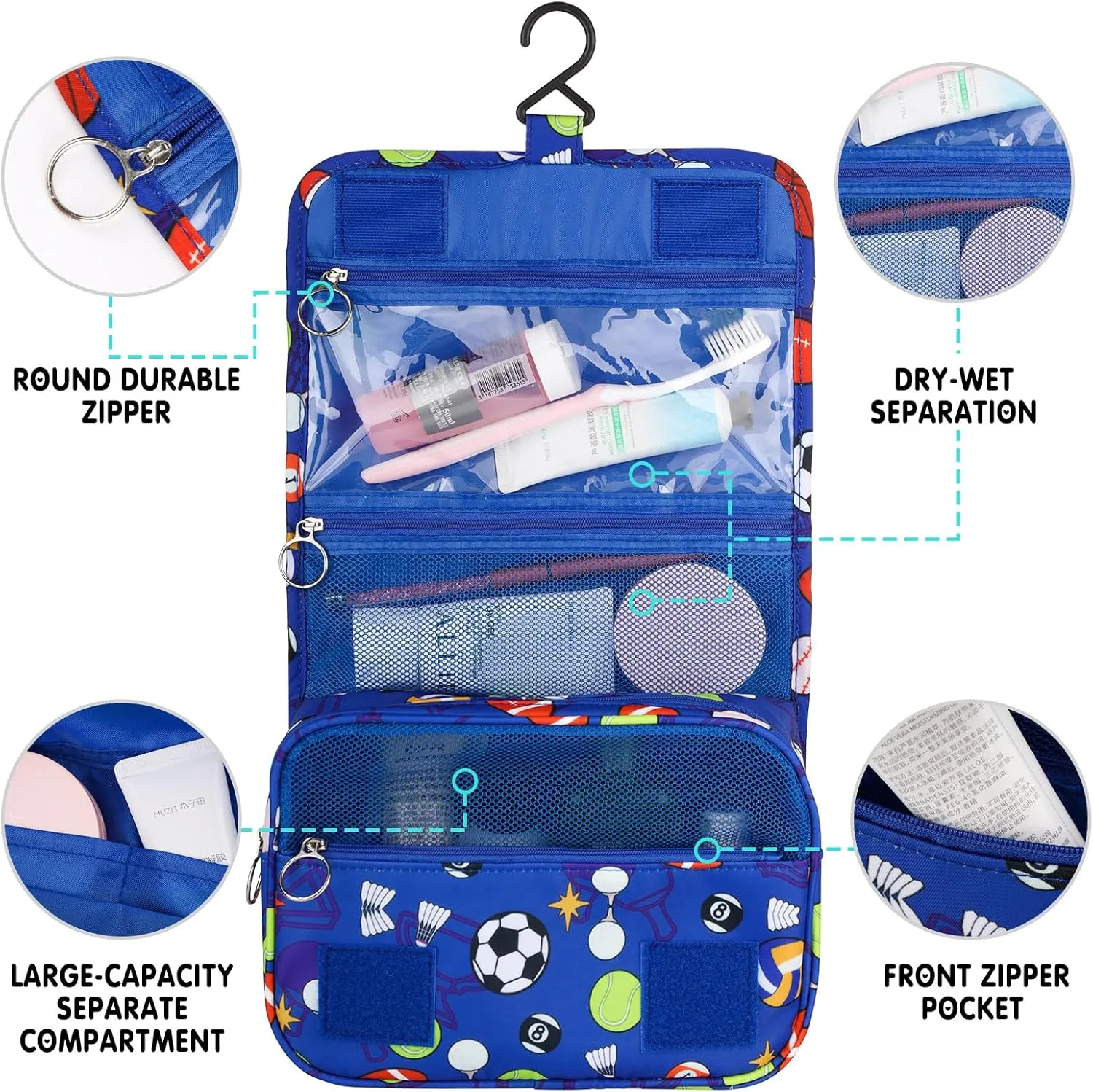 Kids Hanging Toiletry Bag for Boys, Travel Toiletry Bag for Little Young Boys Waterproof Wash Bag Toddler Traveling Toiletries, Soccer Balls Blue