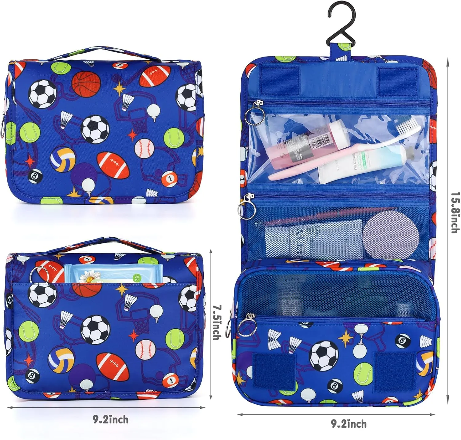 Kids Hanging Toiletry Bag for Boys, Travel Toiletry Bag for Little Young Boys Waterproof Wash Bag Toddler Traveling Toiletries, Soccer Balls Blue