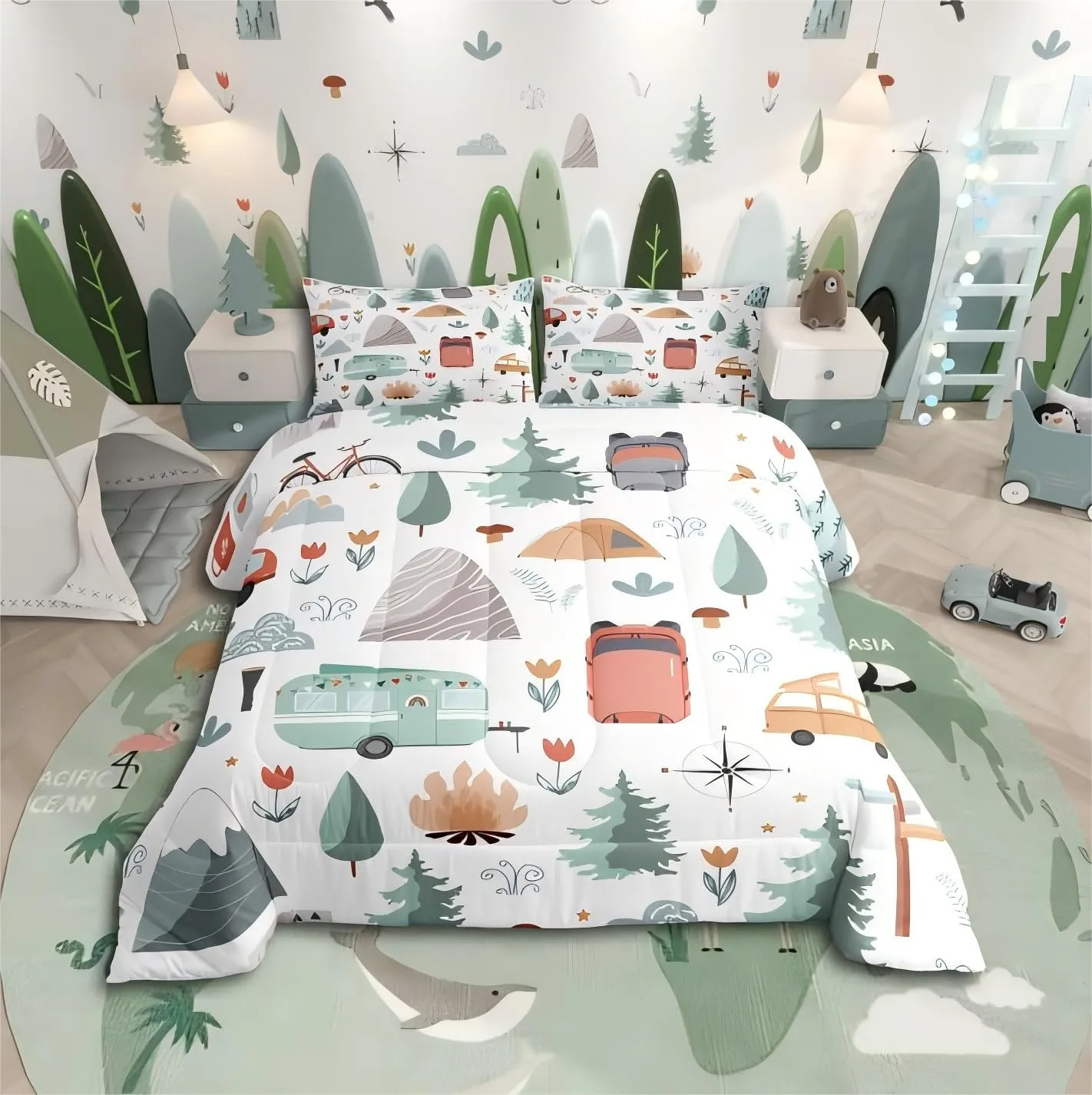 Kids Happy Camping Comforter Set Queen, Camper Bedding for Travel Trailers, Travel Car Rv Down Comforter, Botanical Floral Mountain Adventure Quilt, Cartoon Camper Car Duvet Insert Bedroom Decor 3Pcs
