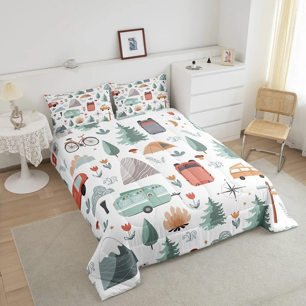 Kids Happy Camping Comforter Set Queen, Camper Bedding for Travel Trailers, Travel Car Rv Down Comforter, Botanical Floral Mountain Adventure Quilt, Cartoon Camper Car Duvet Insert Bedroom Decor 3Pcs