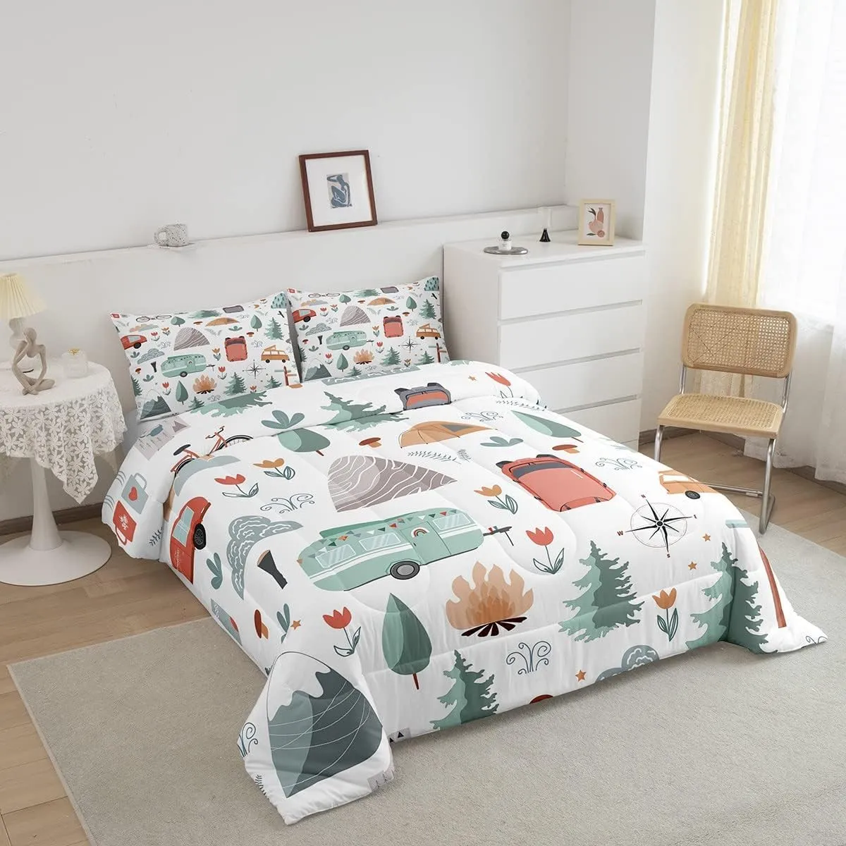 Kids Happy Camping Comforter Set Queen, Camper Bedding for Travel Trailers, Travel Car Rv Down Comforter, Botanical Floral Mountain Adventure Quilt, Cartoon Camper Car Duvet Insert Bedroom Decor 3Pcs