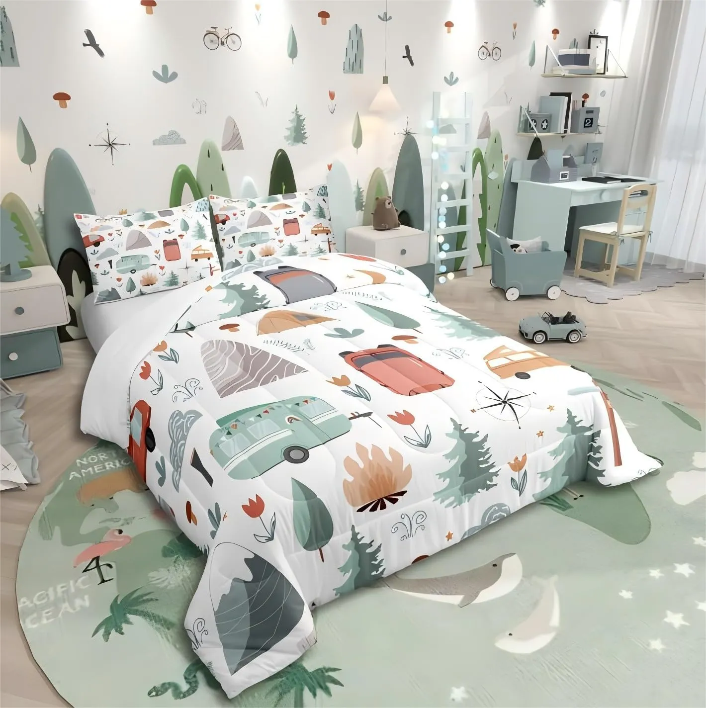 Kids Happy Camping Comforter Set Queen, Camper Bedding for Travel Trailers, Travel Car Rv Down Comforter, Botanical Floral Mountain Adventure Quilt, Cartoon Camper Car Duvet Insert Bedroom Decor 3Pcs