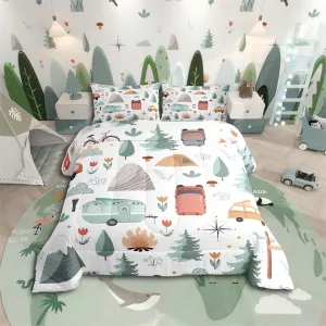 Kids Happy Camping Comforter Set Queen, Camper Bedding for Travel Trailers, Travel Car Rv Down Comforter, Botanical Floral Mountain Adventure Quilt, Cartoon Camper Car Duvet Insert Bedroom Decor 3Pcs
