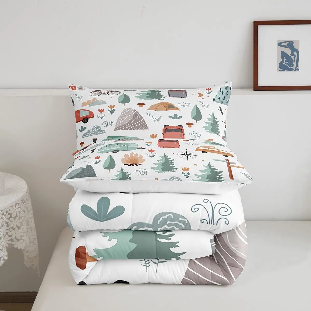 Kids Happy Camping Comforter Set Queen, Camper Bedding for Travel Trailers, Travel Car Rv Down Comforter, Botanical Floral Mountain Adventure Quilt, Cartoon Camper Car Duvet Insert Bedroom Decor 3Pcs