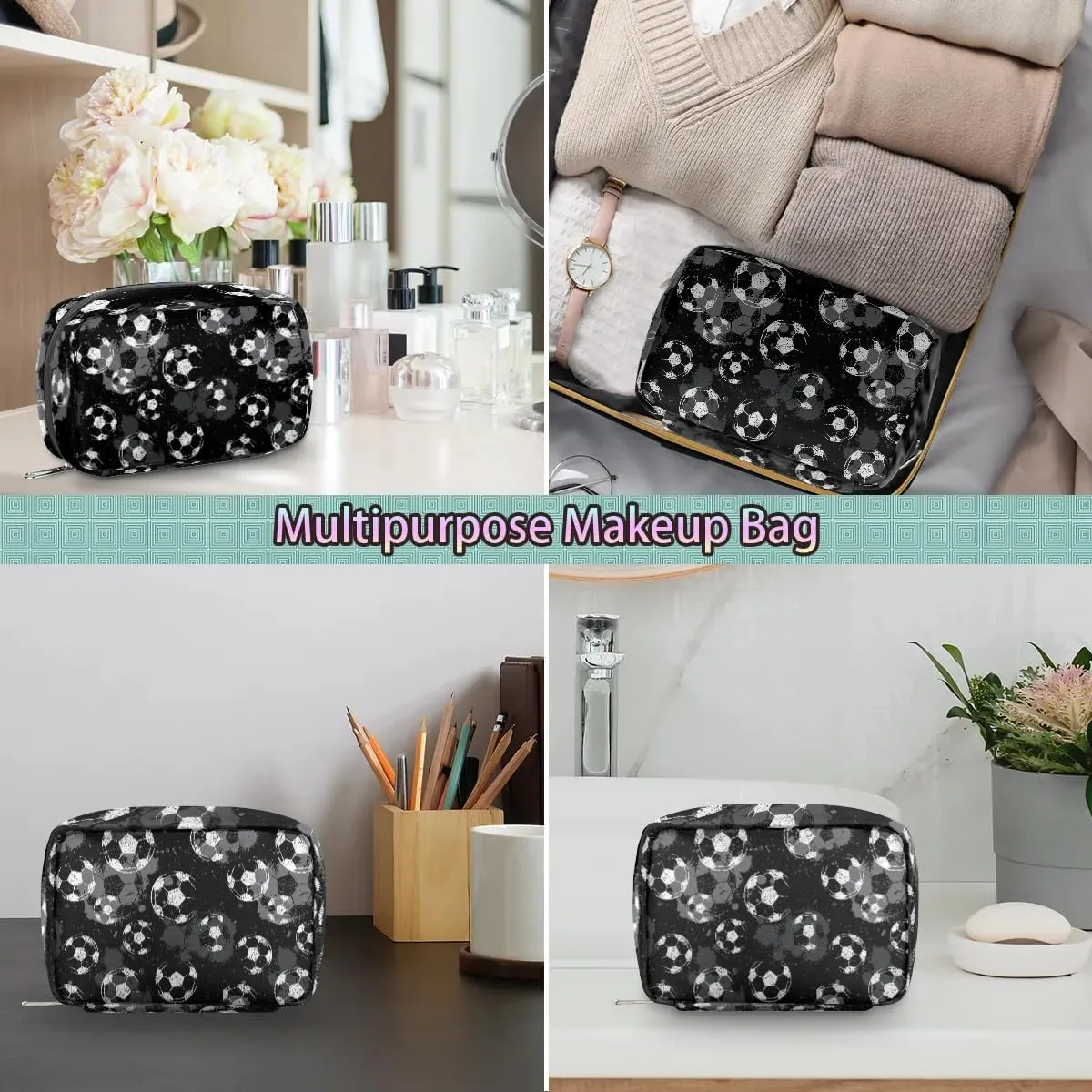 Kids Toiletry Bag for Boys, Cute Small Black and White Soccer Wash Bag for Little Young Boys Waterproof Cosmetic Weekender Bag Toddler Traveling Toiletries