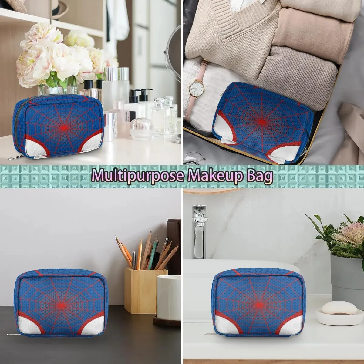 Kids Toiletry Bag for Boys, Cute Small Blue Spider Web Wash Bag for Little Young Boys Waterproof Cosmetic Weekender Bag Toddler Traveling Toiletries
