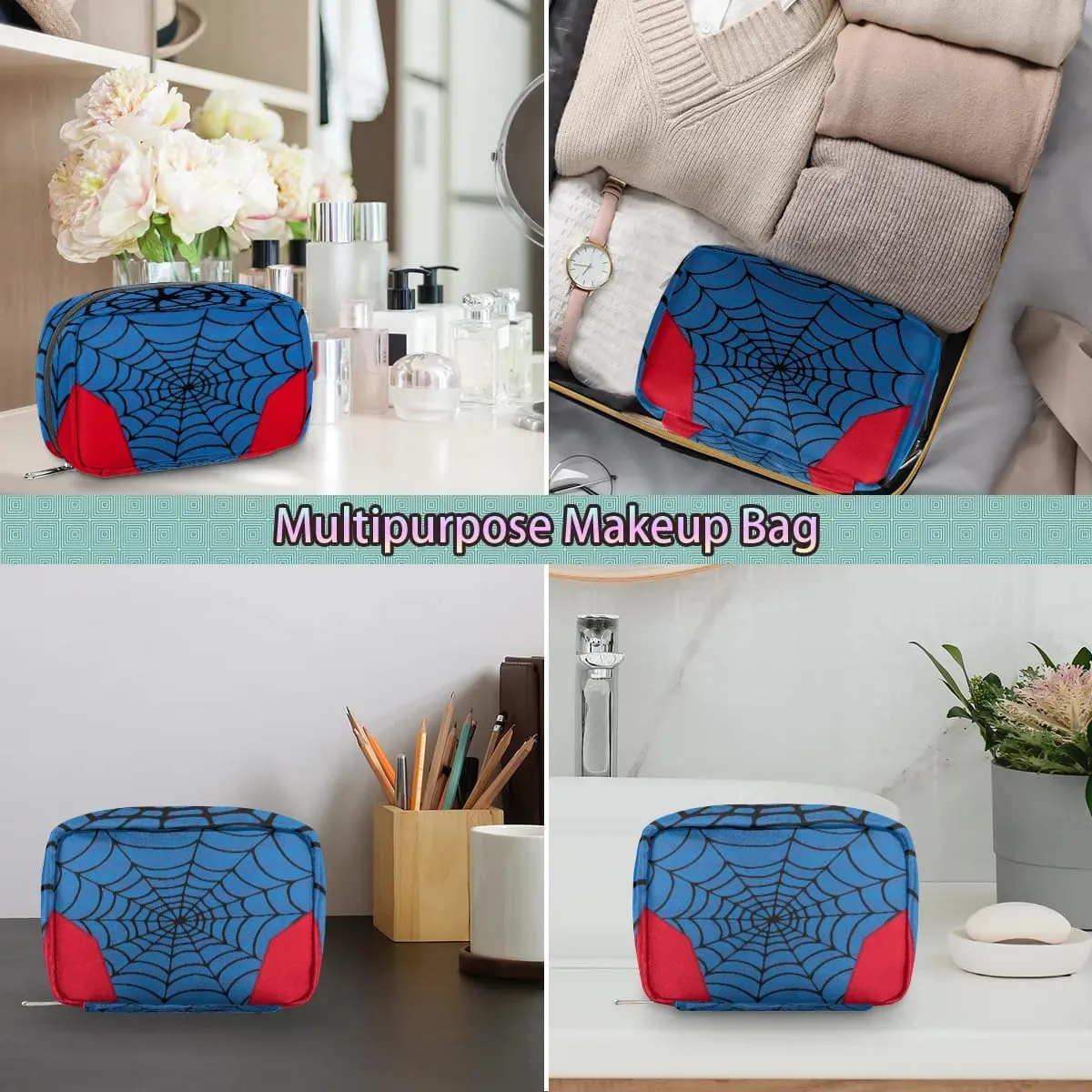 Kids Toiletry Bag for Boys, Cute Small Blue Spider Web Wash Bag for Teens Boys Waterproof Cosmetic Weekender Bag Toddler Traveling Toiletries