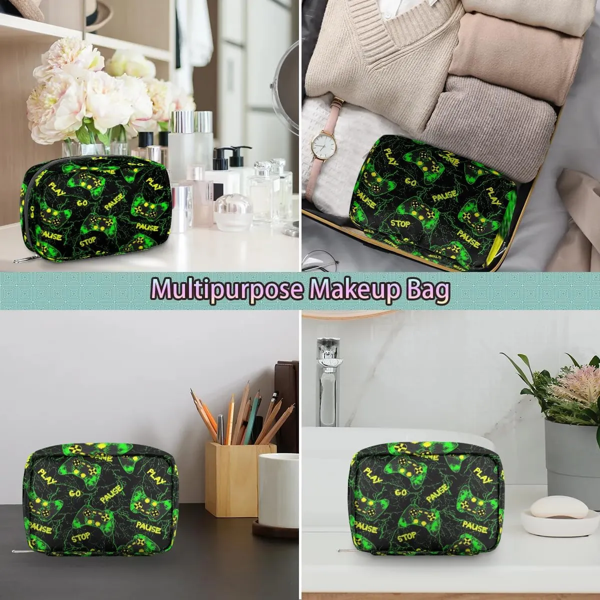 Kids Toiletry Bag for Boys, Cute Small Green Game Controller Wash Bag for Little Young Boys Waterproof Cosmetic Weekender Bag Toddler Traveling Toiletries